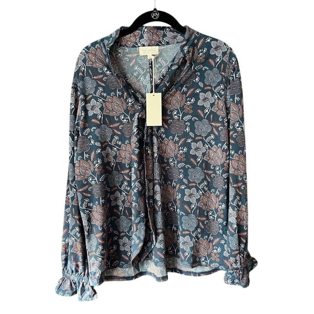 Floral Print Long Sleeve Blouse Vintage-Inspired Ruffle Cuff Boho Chic Top A17‎